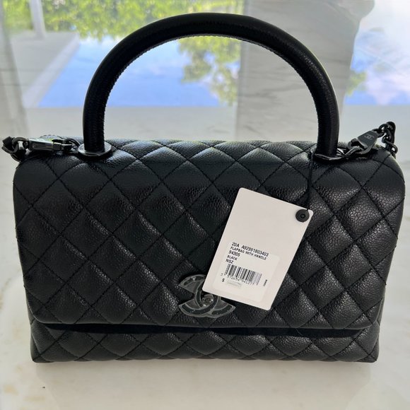 CHANEL 20A RARE BLACK ON BLACK MEDIUM FLAP BAG WITH HANDLE NWTS! - Picture 7 of 17